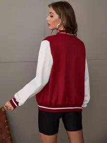 SHEIN Unity Letter Patch Detail Two Tone Varsity Jacket Fall Winter Cloth For Women - Burgundy - View 2