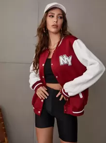 SHEIN Unity Letter Patch Detail Two Tone Varsity Jacket Fall Winter Cloth For Women - Burgundy - View 4