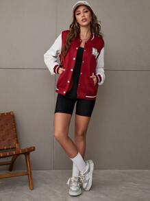 SHEIN Unity Letter Patch Detail Two Tone Varsity Jacket Fall Winter Cloth For Women - Burgundy - View 5