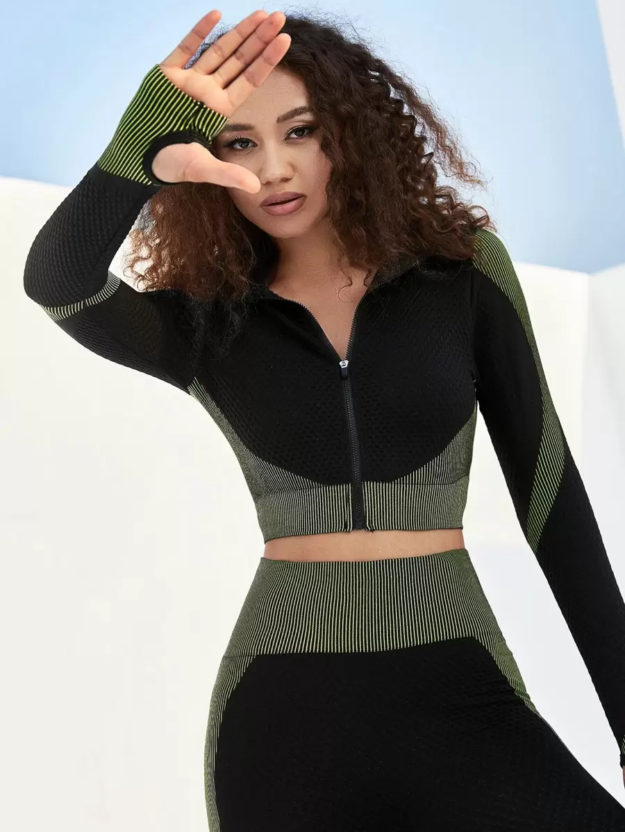 Yoga Trendy High Stretch Zip Up Textured Sports Set - Multicolor - View 1