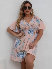 SHEIN Holidaya 大碼印花蝴蝶袖A字洋裝 - 淺粉色 - 查看 1