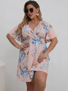 SHEIN Holidaya 大碼印花蝴蝶袖A字洋裝 - 淺粉色 - 查看 3