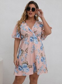 SHEIN Holidaya 大碼印花蝴蝶袖A字洋裝 - 淺粉色 - 查看 4