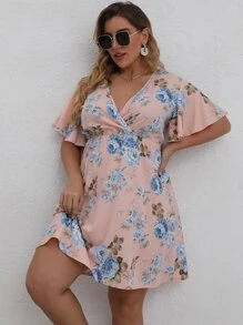 SHEIN Holidaya 大碼印花蝴蝶袖A字洋裝 - 淺粉色 - 查看 5