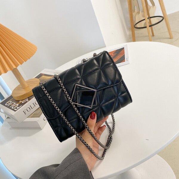 

Quilted Embossed Irregular Flap Square Bag, Black