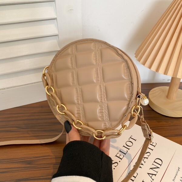 

Minimalist Textured Chain Circle Bag, Khaki