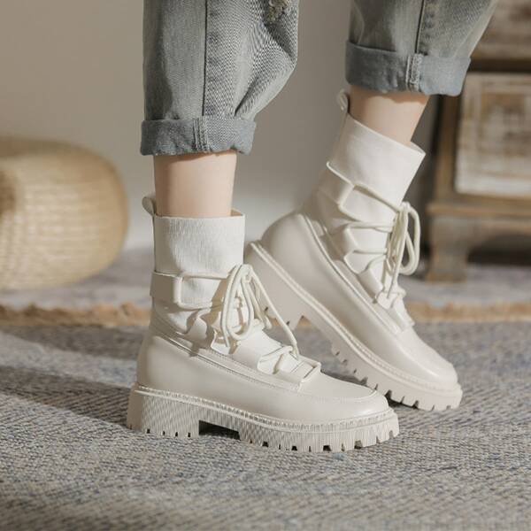 

Minimalist Lace Up Decor Boots, Apricot