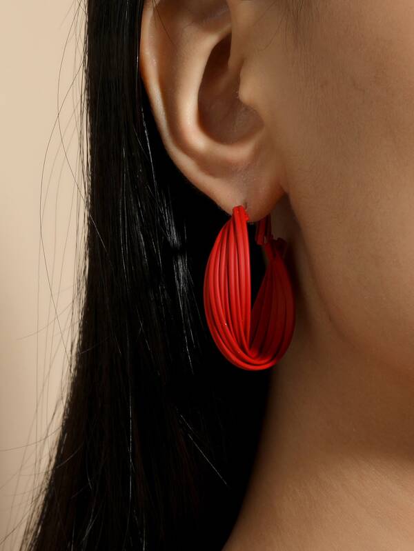 2pcs Layered Twisted Alloy Hoop Earrings, Casual Minimalist Accessory