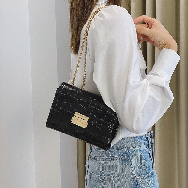 

Crocodile Embossed Chain Square Bag, Black