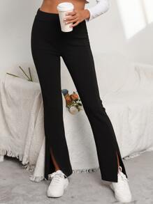 SHEIN Frenchy Split Hem Flare Leg Trousers - Black - View 1