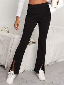 SHEIN Frenchy Split Hem Flare Leg Trousers - Black - View 3