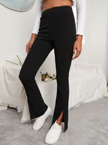SHEIN Frenchy Split Hem Flare Leg Trousers - Black - View 5