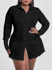 SHEIN SXY Hơn Áo sơ mi Chất rắn Nút phía trước - màu đen - Xem 1