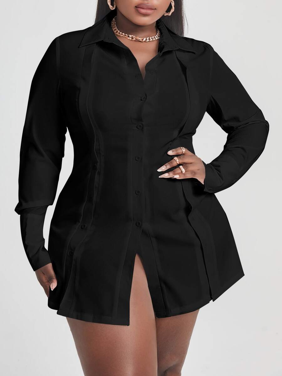 SHEIN SXY Hơn Áo sơ mi Chất rắn Nút phía trước - màu đen - Xem 1