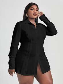 SHEIN SXY Hơn Áo sơ mi Chất rắn Nút phía trước - màu đen - Xem 3