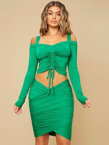 SHEIN SXY Áo thun nữ Cắt ra màu trơn Gợi cảm - màu xanh lá - Xem 5