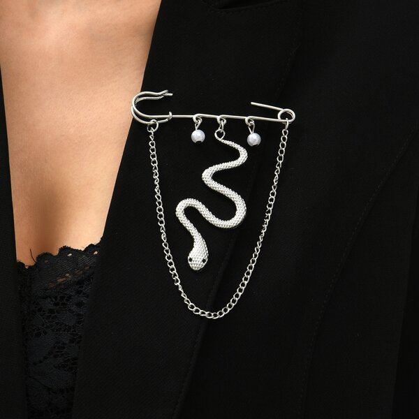 

Snake & Chain Decor Safety Pin Brooch, Silver