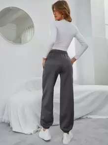 INAWLY Solid Elastic Waist Slant Pocket Joggers - Dark Grey - View 2