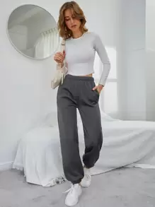 INAWLY Solid Elastic Waist Slant Pocket Joggers - Dark Grey - View 3