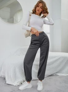 INAWLY Solid Elastic Waist Slant Pocket Joggers - Dark Grey - View 6