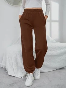 SHEIN EZwear Solid Elastic Waist Slant Pocket Joggers - Rust Brown - View 1
