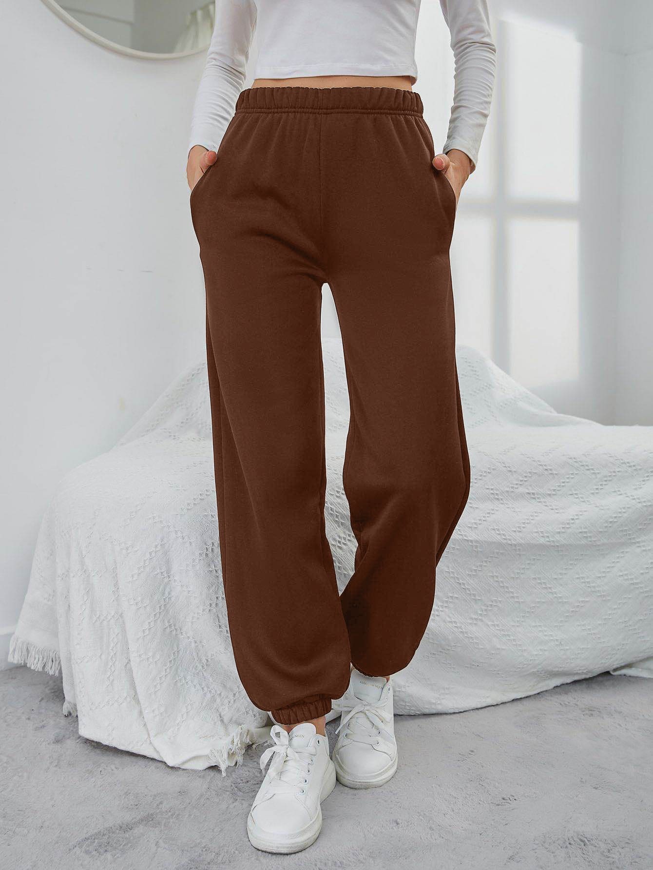 SHEIN EZwear Solid Elastic Waist Slant Pocket Joggers - Rust Brown - View 1