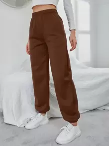 SHEIN EZwear Solid Elastic Waist Slant Pocket Joggers - Rust Brown - View 3