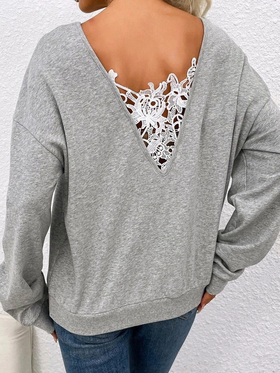 SHEIN Frenchy Guipure Lace Insert Drop Shoulder Sweatshirt - Grey - View 1
