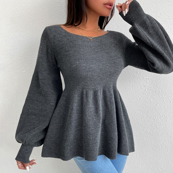 

Lantern Sleeve Peplum Hem Sweater, Dark grey