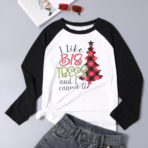 

Plus Christmas & Slogan Graphic Raglan Sleeve Tee, Black and white