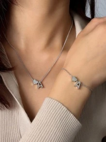 Heart & Letter Charm Necklace & Bracelet - Silver - View 1