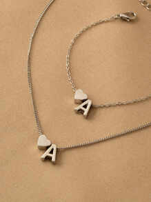Heart & Letter Charm Necklace & Bracelet - Silver - View 3