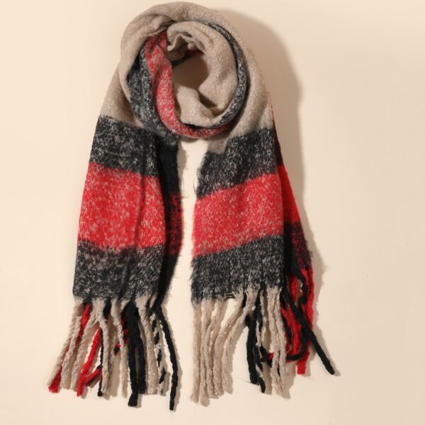 

Fringe Hem Striped Pattern Scarf, Multicolor