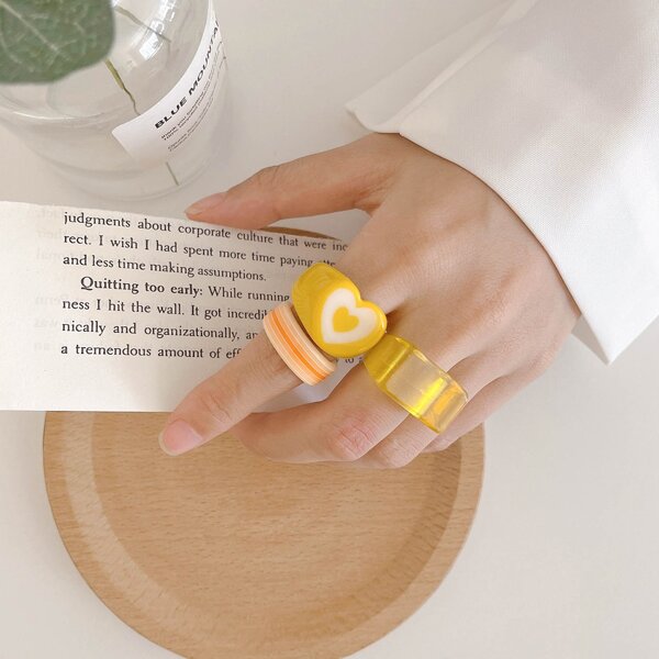 

3pcs Heart Detail Ring, Multicolor