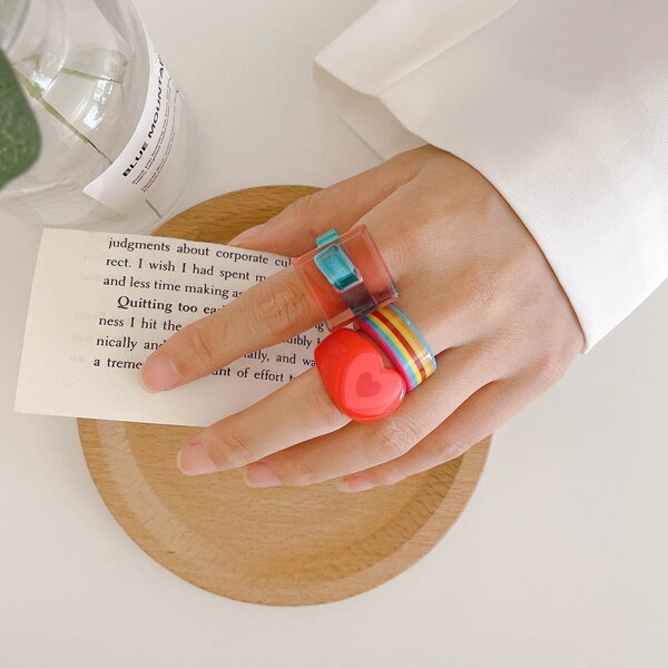 

3pcs Heart Detail Ring, Multicolor