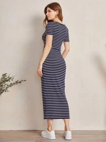 Mulvari Buttoned Front Split Hem Striped Dress - Navy Blue - View 2