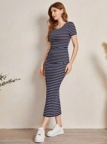 Mulvari Buttoned Front Split Hem Striped Dress - Navy Blue - View 4