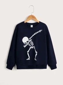 SHEIN Tween Boys' Skull Pattern Hooded Pullover Sweatshirt, Suitable For Daily Wear In Spring And Autumn - Navy Blue - View 1