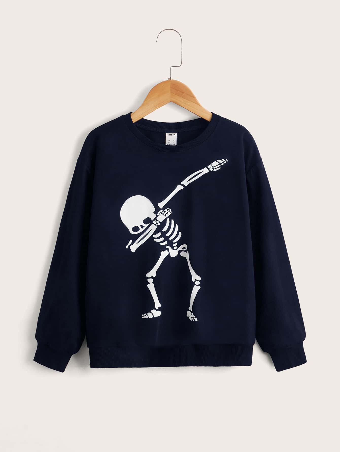 SHEIN Tween Boys' Skull Pattern Hooded Pullover Sweatshirt, Suitable For Daily Wear In Spring And Autumn - Navy Blue - View 1