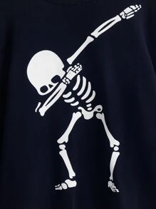 SHEIN Tween Boys' Skull Pattern Hooded Pullover Sweatshirt, Suitable For Daily Wear In Spring And Autumn - Navy Blue - View 3