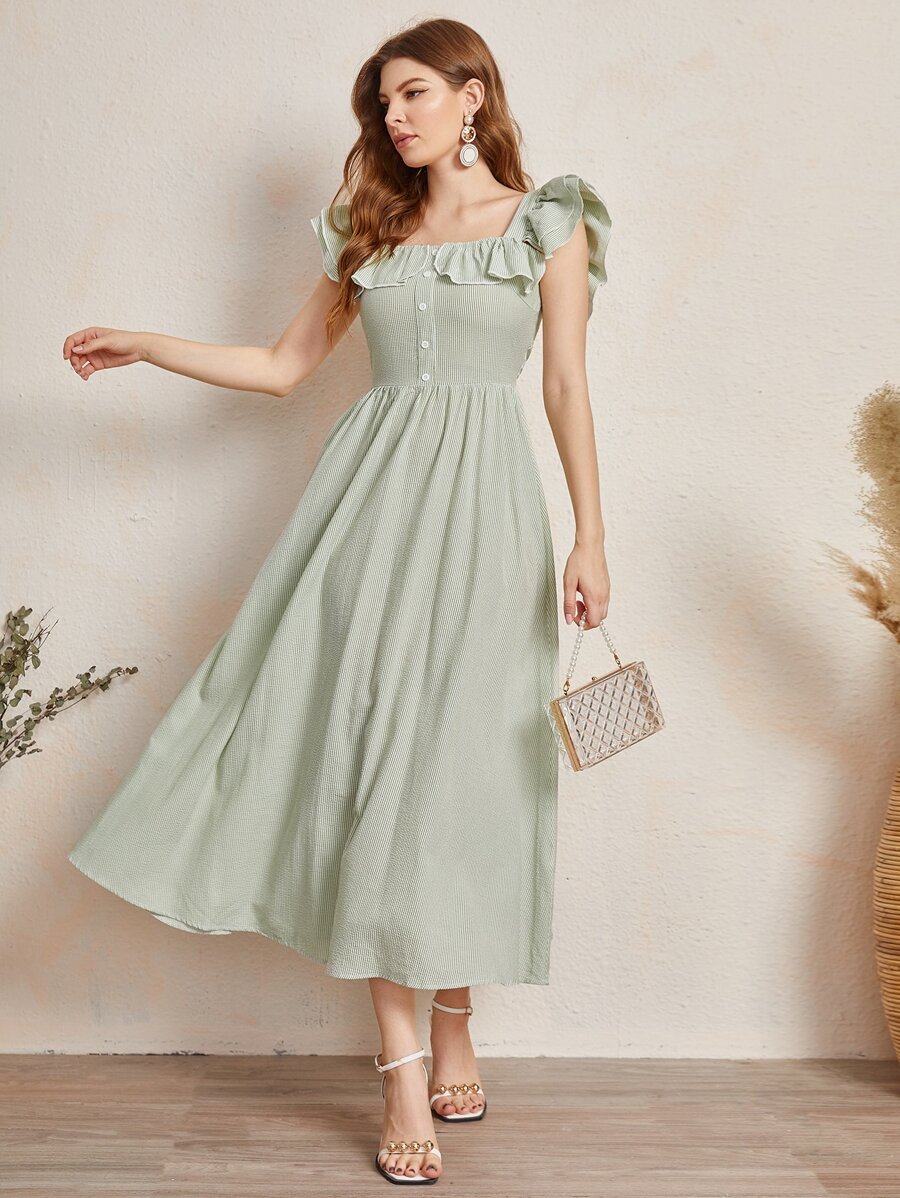 Modelyn Đầm Xù Nút phía trước Sọc Dễ thương - Màu xanh Bạc hà - Xem 1