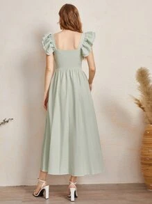 Modelyn Đầm Xù Nút phía trước Sọc Dễ thương - Màu xanh Bạc hà - Xem 2