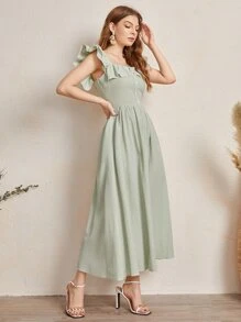 Modelyn Đầm Xù Nút phía trước Sọc Dễ thương - Màu xanh Bạc hà - Xem 3