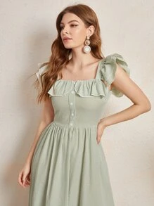 Modelyn Đầm Xù Nút phía trước Sọc Dễ thương - Màu xanh Bạc hà - Xem 4