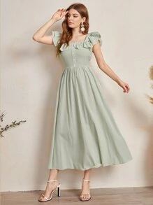 Modelyn Đầm Xù Nút phía trước Sọc Dễ thương - Màu xanh Bạc hà - Xem 5