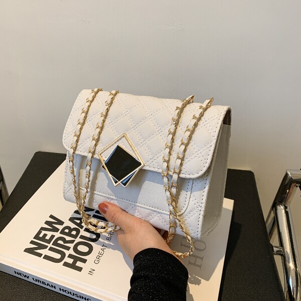 

Quilted Chain Square Bag, White