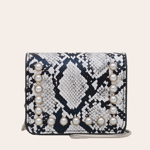 

Snakeskin Pattern Faux Pearl Decor Flap Square Bag, Black and white