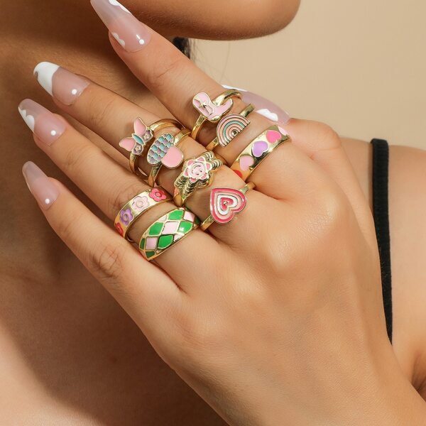 

9pcs Heart & Butterfly Decor Ring, Multicolor