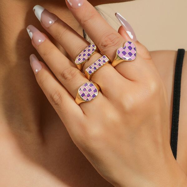 

4pcs Plaid Pattern Ring, Violet purple