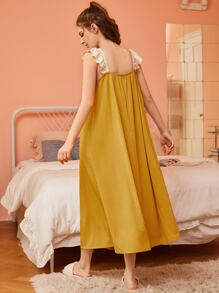 SHEIN Vestido para dormir con lazo delantero ribete con fruncido - Mostaza Amarilla - Ver 2
